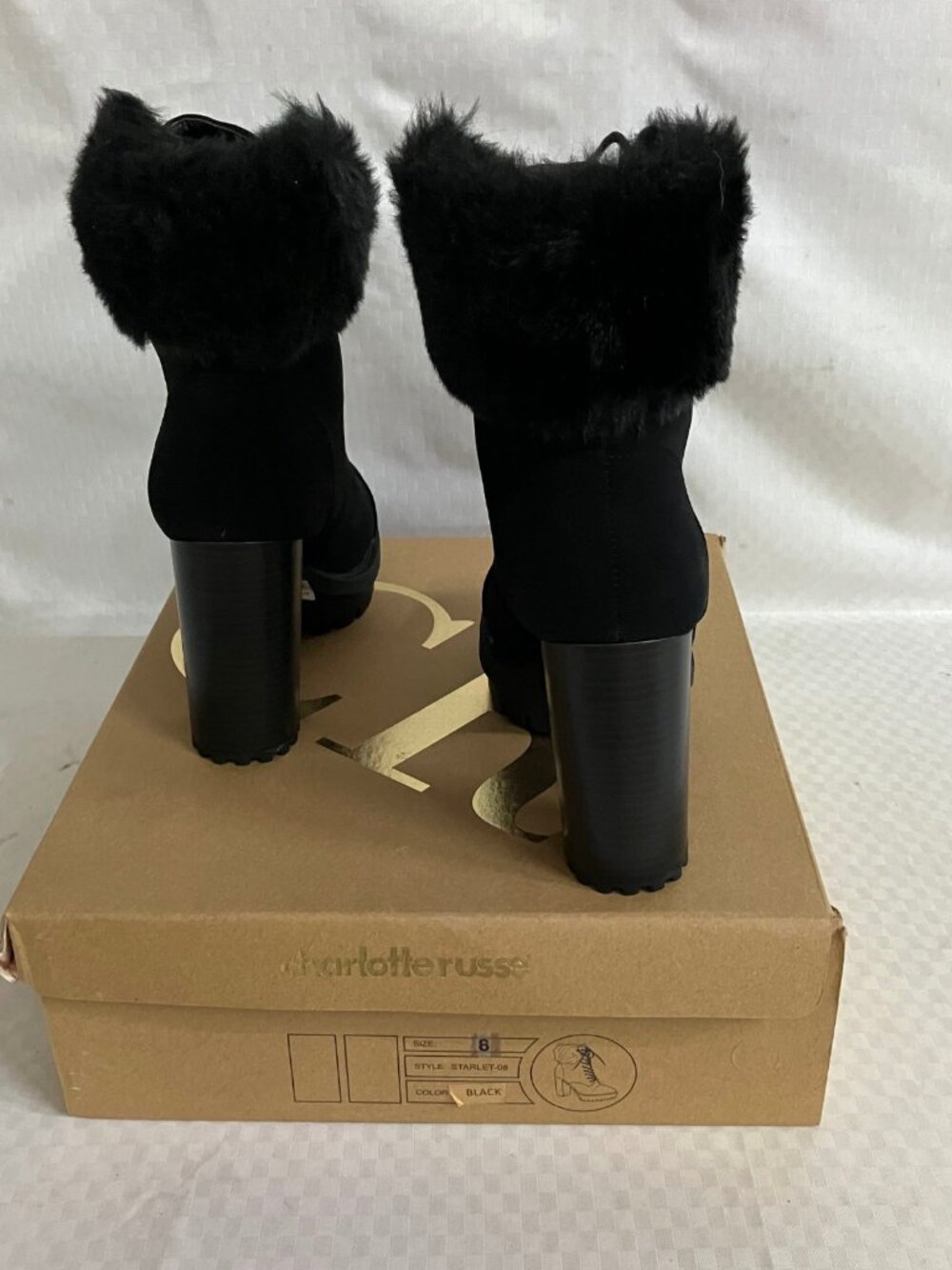Charlotte Russe Starlet-08 Heeled Boots Women's Size 8 Black Faux Fur Lace Up - Picture 5 of 6